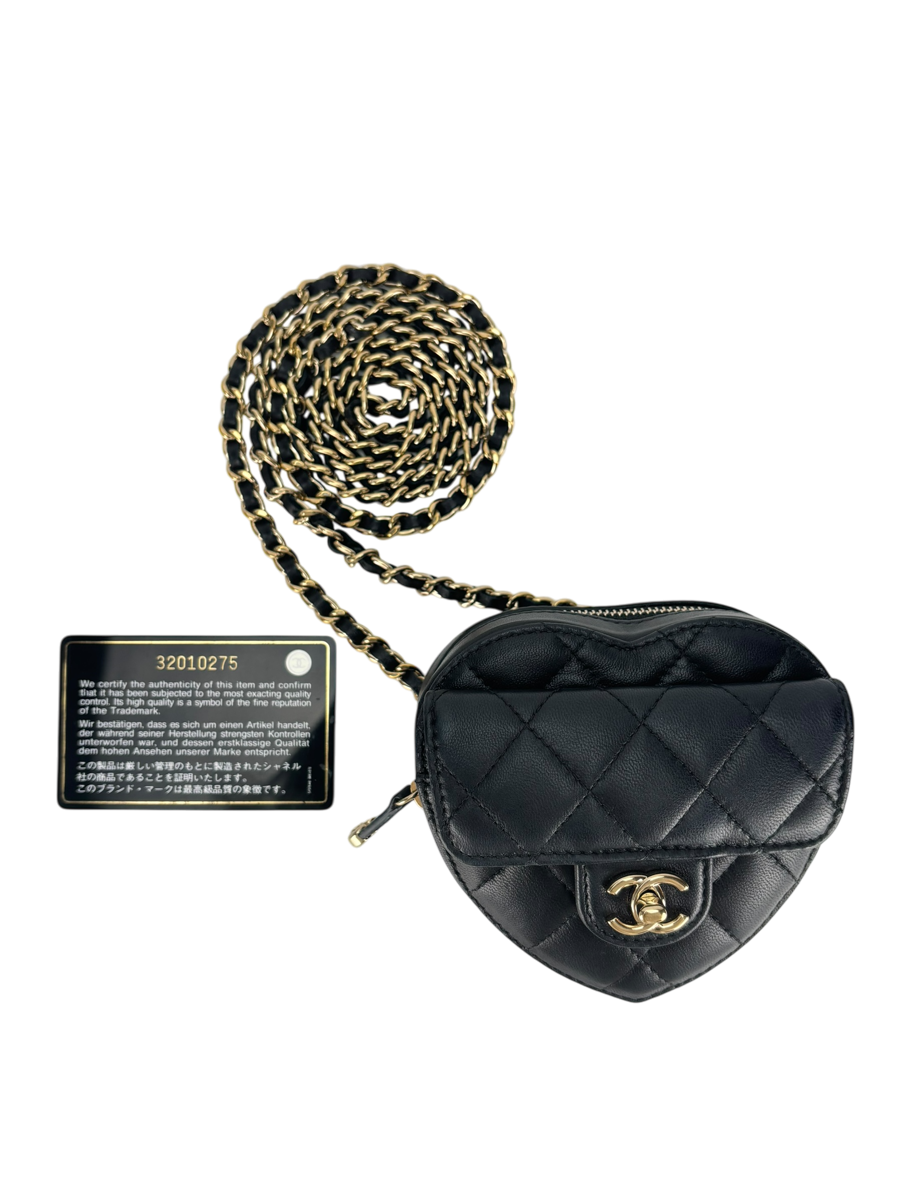 CHANEL - Black Lambskin Heart Pouch Matelasse Chain Shoulder Bag