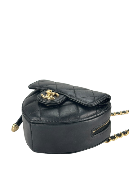 CHANEL - Black Lambskin Heart Pouch Matelasse Chain Shoulder Bag
