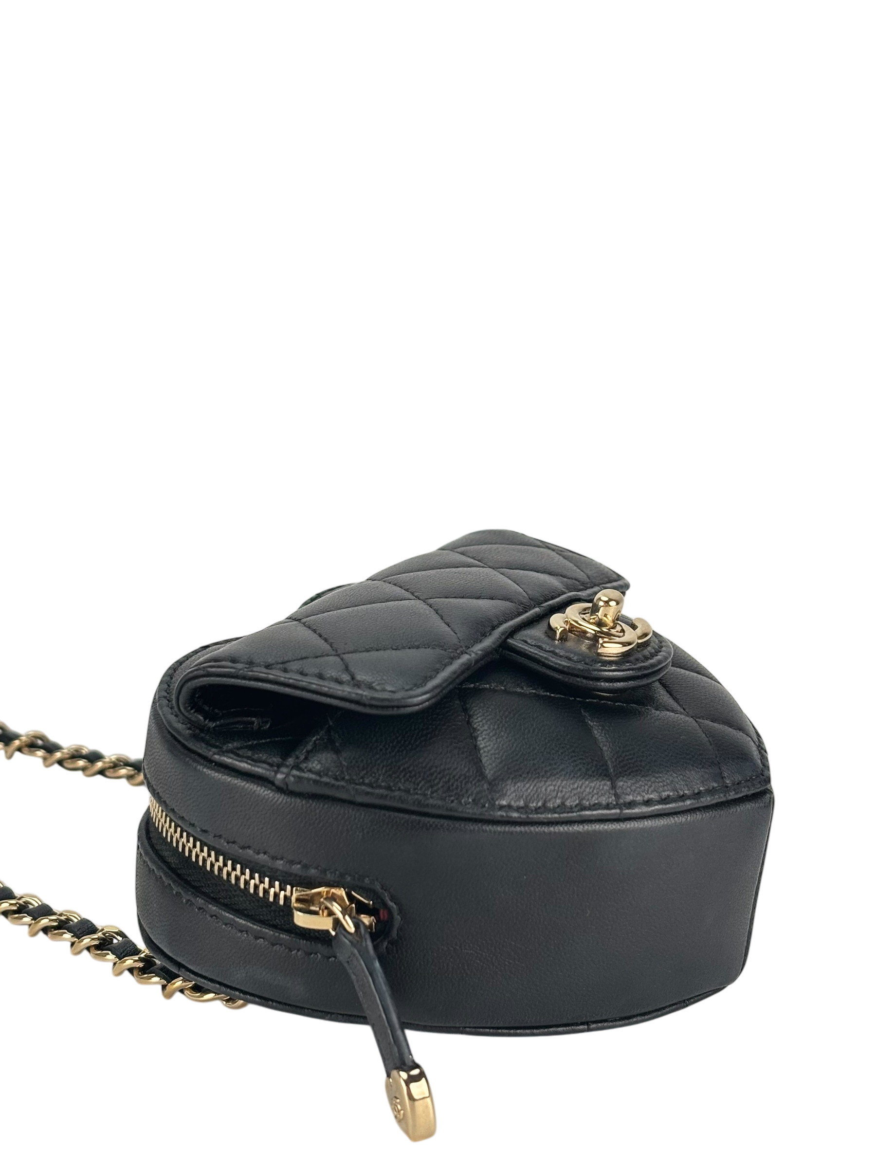 CHANEL - Black Lambskin Heart Pouch Matelasse Chain Shoulder Bag