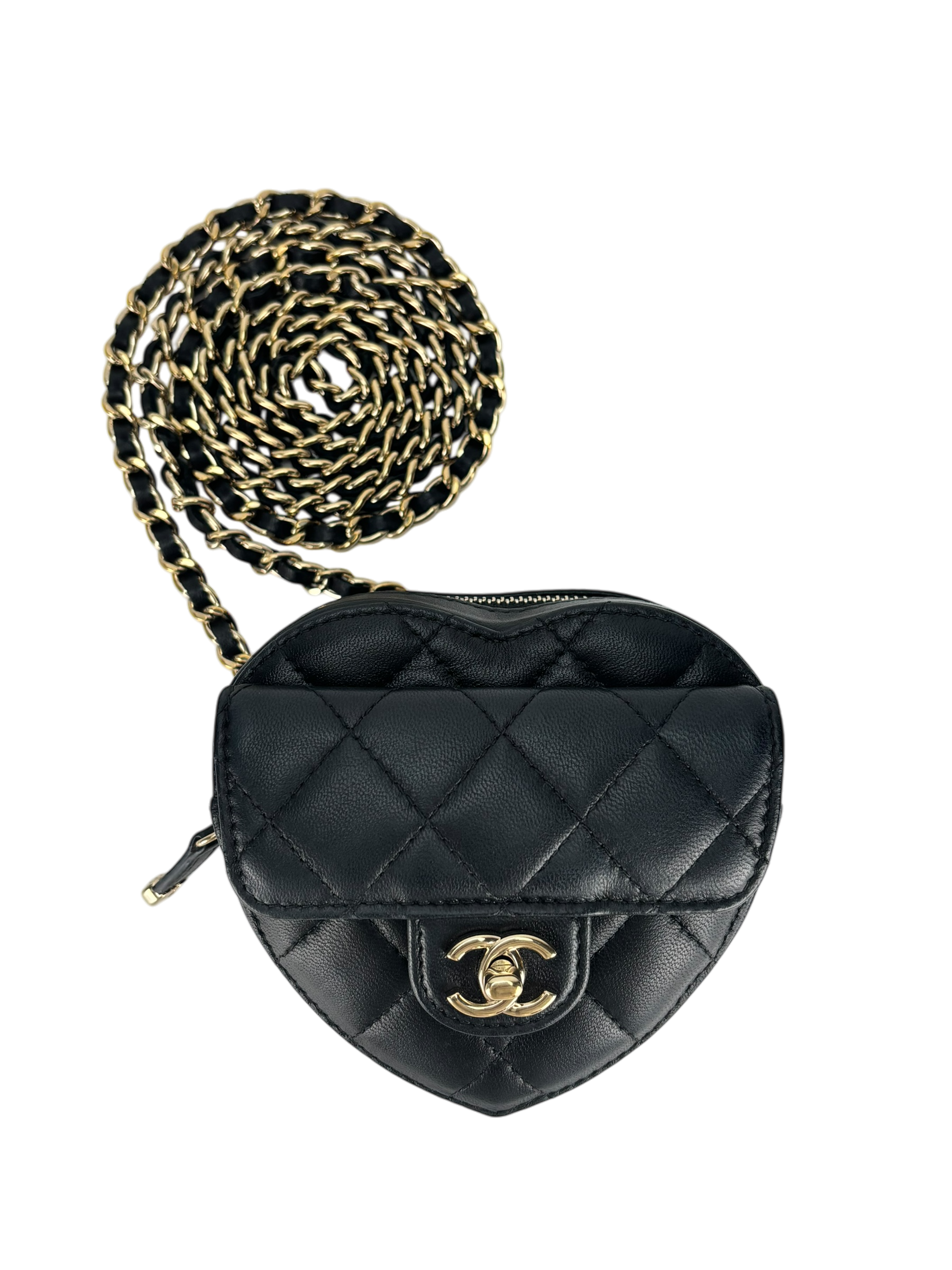 CHANEL - Black Lambskin Heart Pouch Matelasse Chain Shoulder Bag