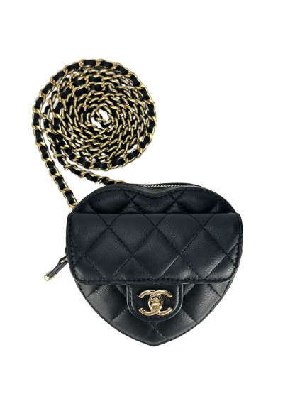 CHANEL - Black Lambskin Heart Pouch Matelasse Chain Shoulder Bag