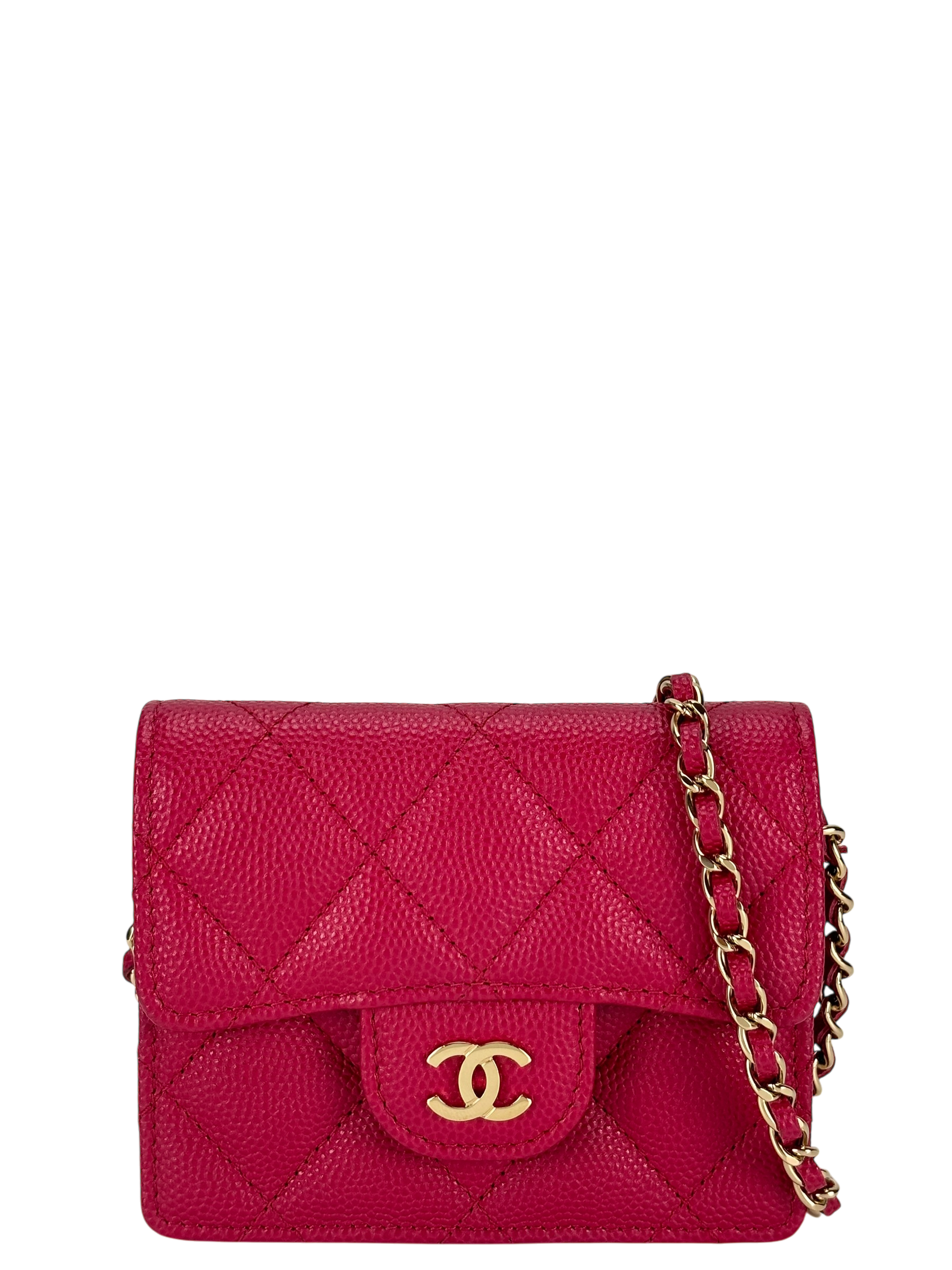 CHANEL - Red Caviar Skin Chain Wallet Matelasse Compact Wallet 