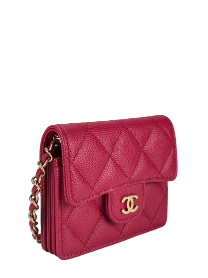 CHANEL - Red Caviar Skin Chain Wallet Matelasse Compact Wallet 