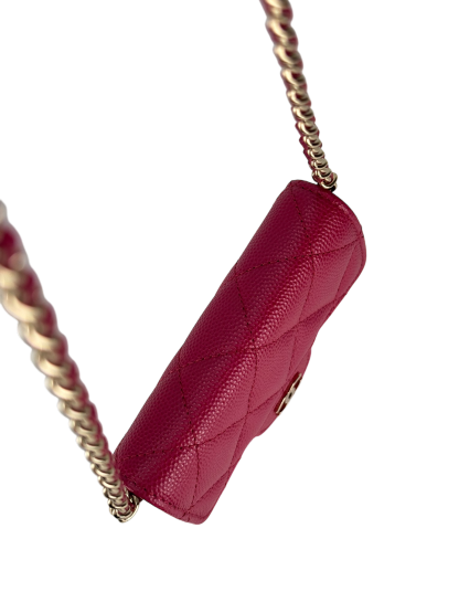 CHANEL - Red Caviar Skin Chain Wallet Matelasse Compact Wallet 