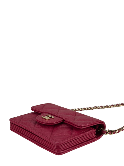 CHANEL - Red Caviar Skin Chain Wallet Matelasse Compact Wallet 