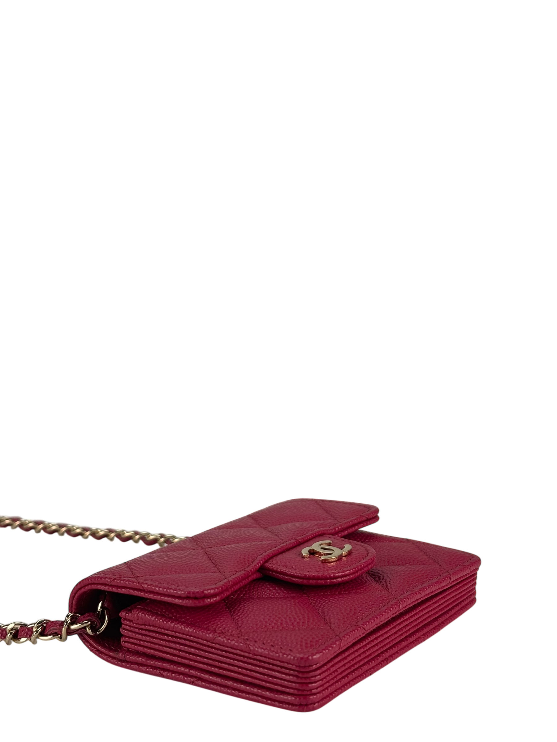 CHANEL - Red Caviar Skin Chain Wallet Matelasse Compact Wallet 