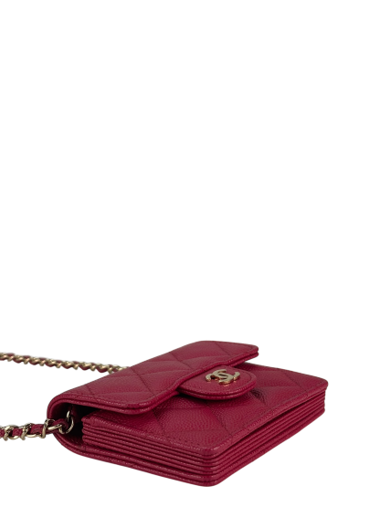 CHANEL - Red Caviar Skin Chain Wallet Matelasse Compact Wallet 