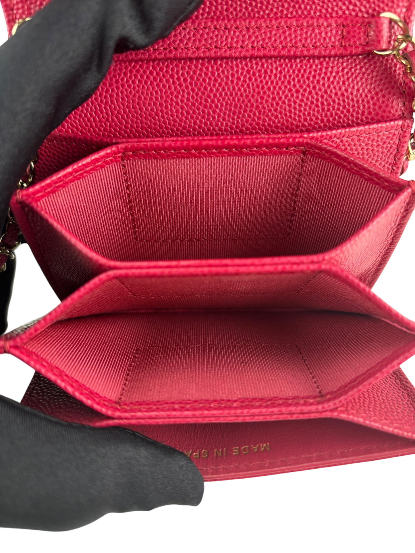 CHANEL - Red Caviar Skin Chain Wallet Matelasse Compact Wallet 