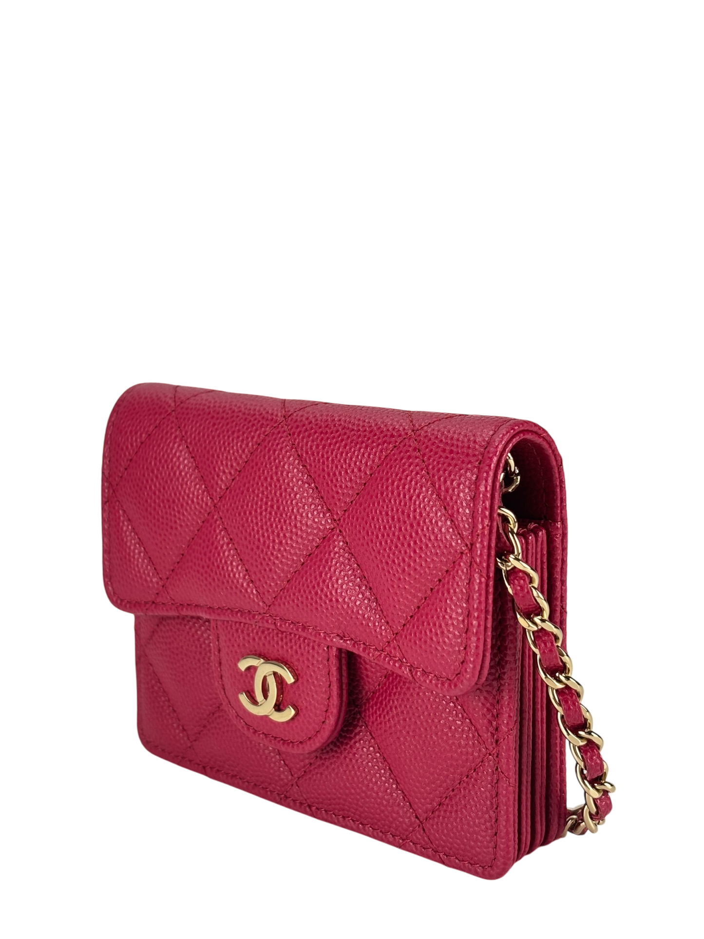 CHANEL - Red Caviar Skin Chain Wallet Matelasse Compact Wallet 