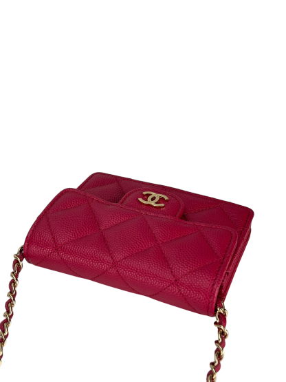 CHANEL - Red Caviar Skin Chain Wallet Matelasse Compact Wallet 