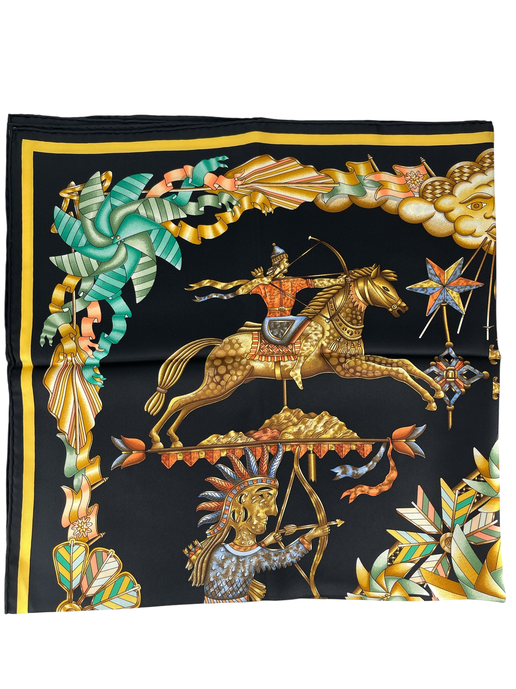 HERMES - Black Multicolor Les Girouettes Scarf 90