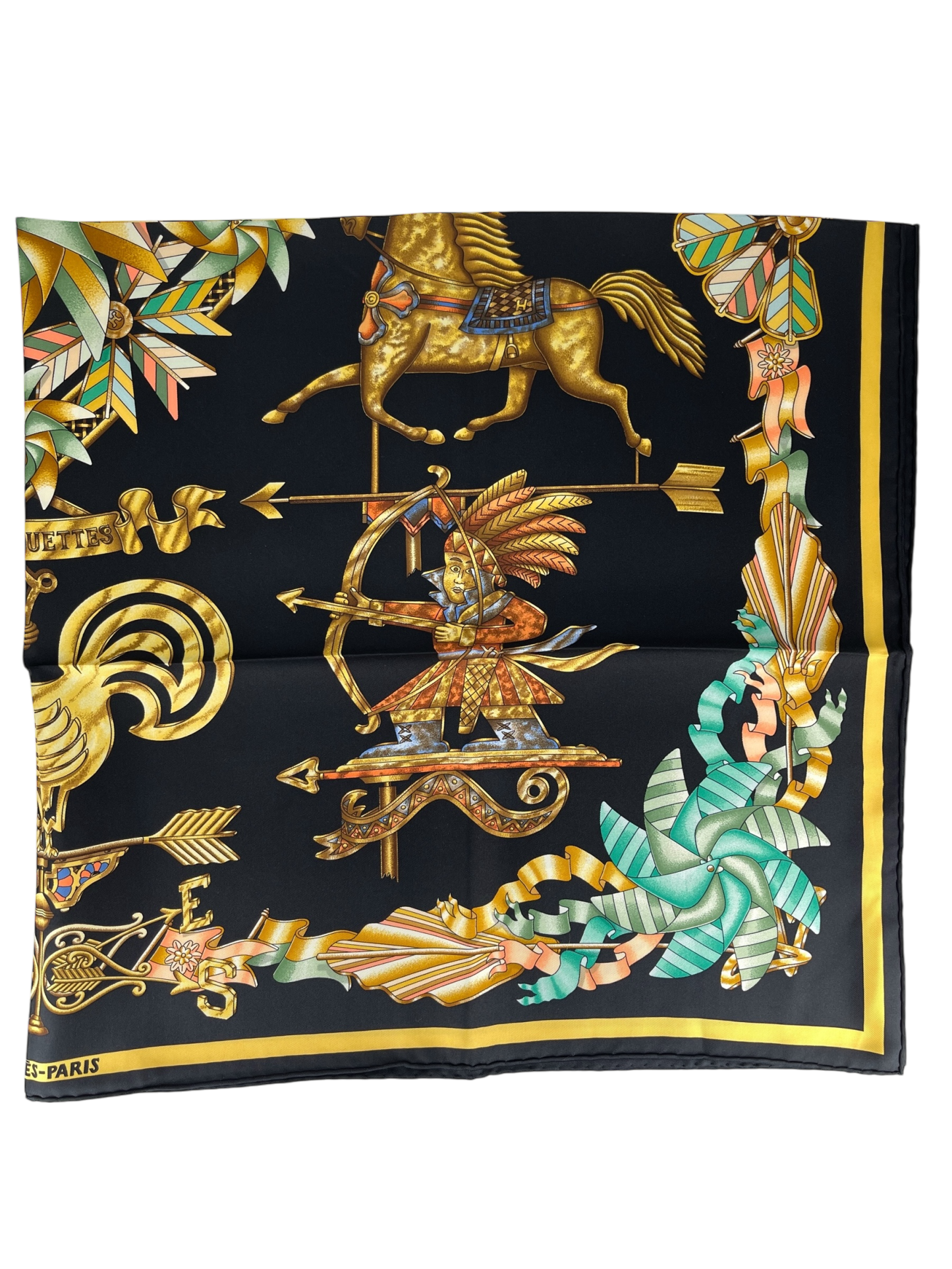 HERMES - Black Multicolor Les Girouettes Scarf 90
