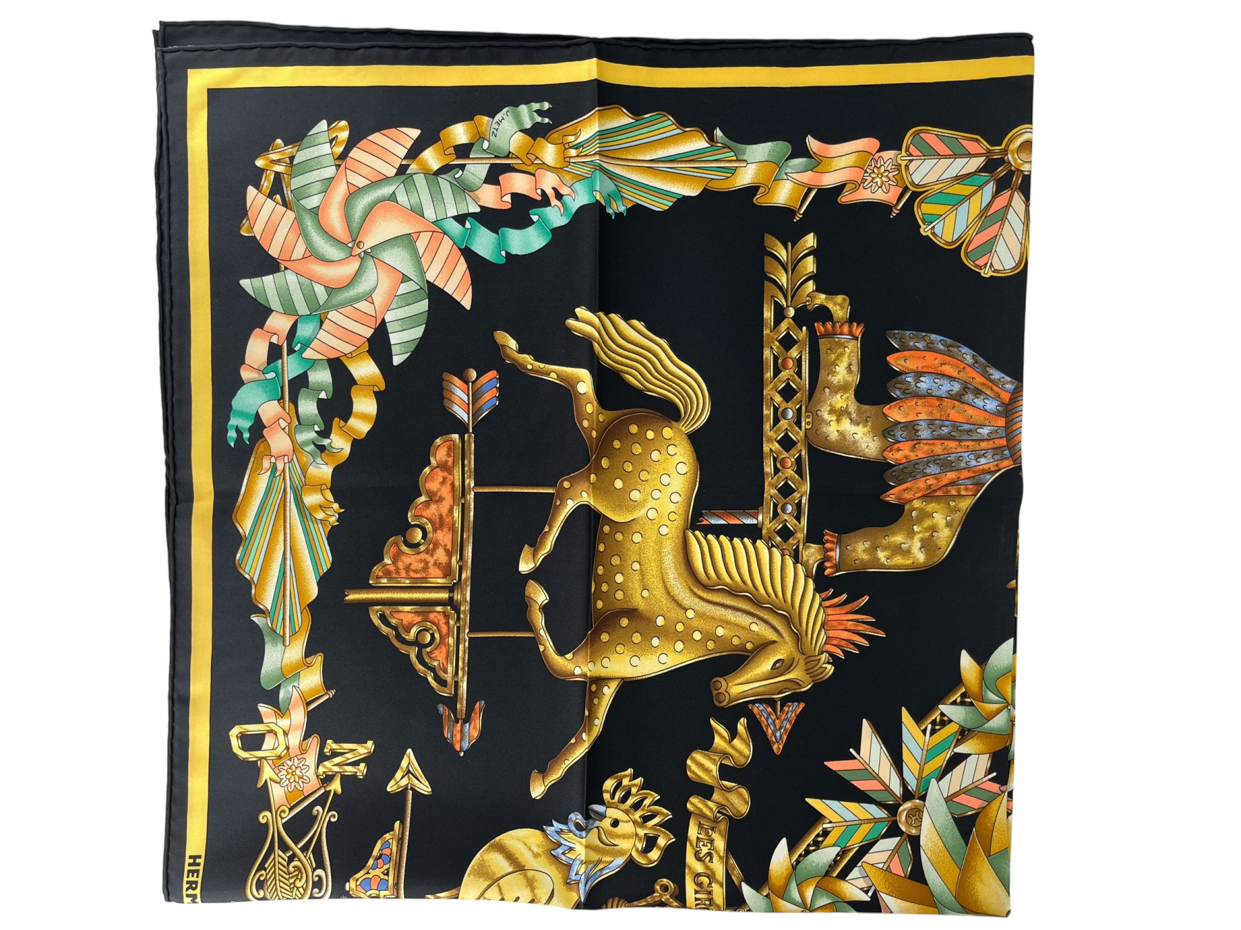 HERMES - Black Multicolor Les Girouettes Scarf 90