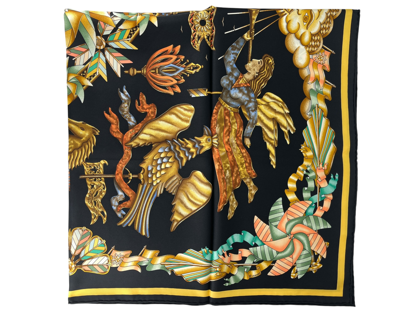 HERMES - Black Multicolor Les Girouettes Scarf 90
