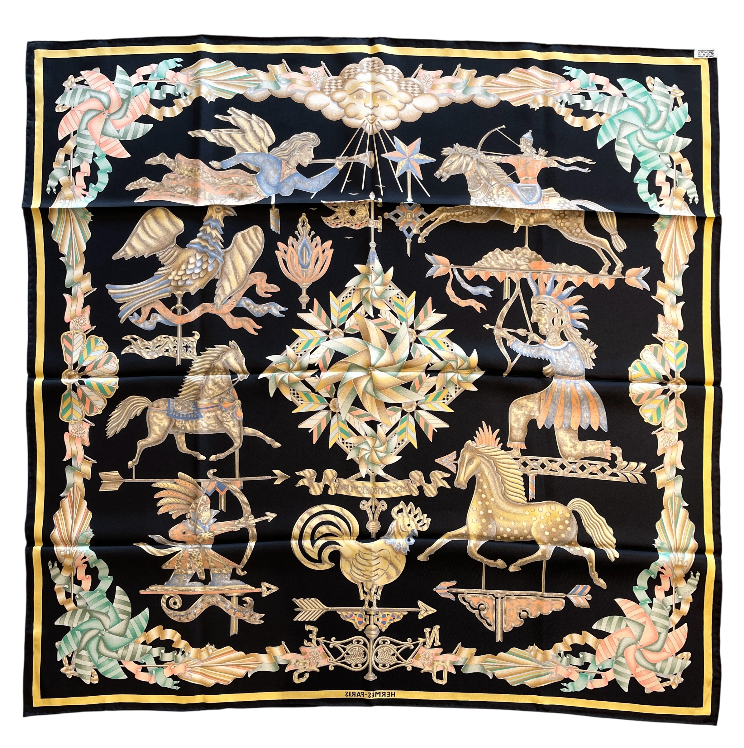 HERMES - Black Multicolor Les Girouettes Scarf 90　