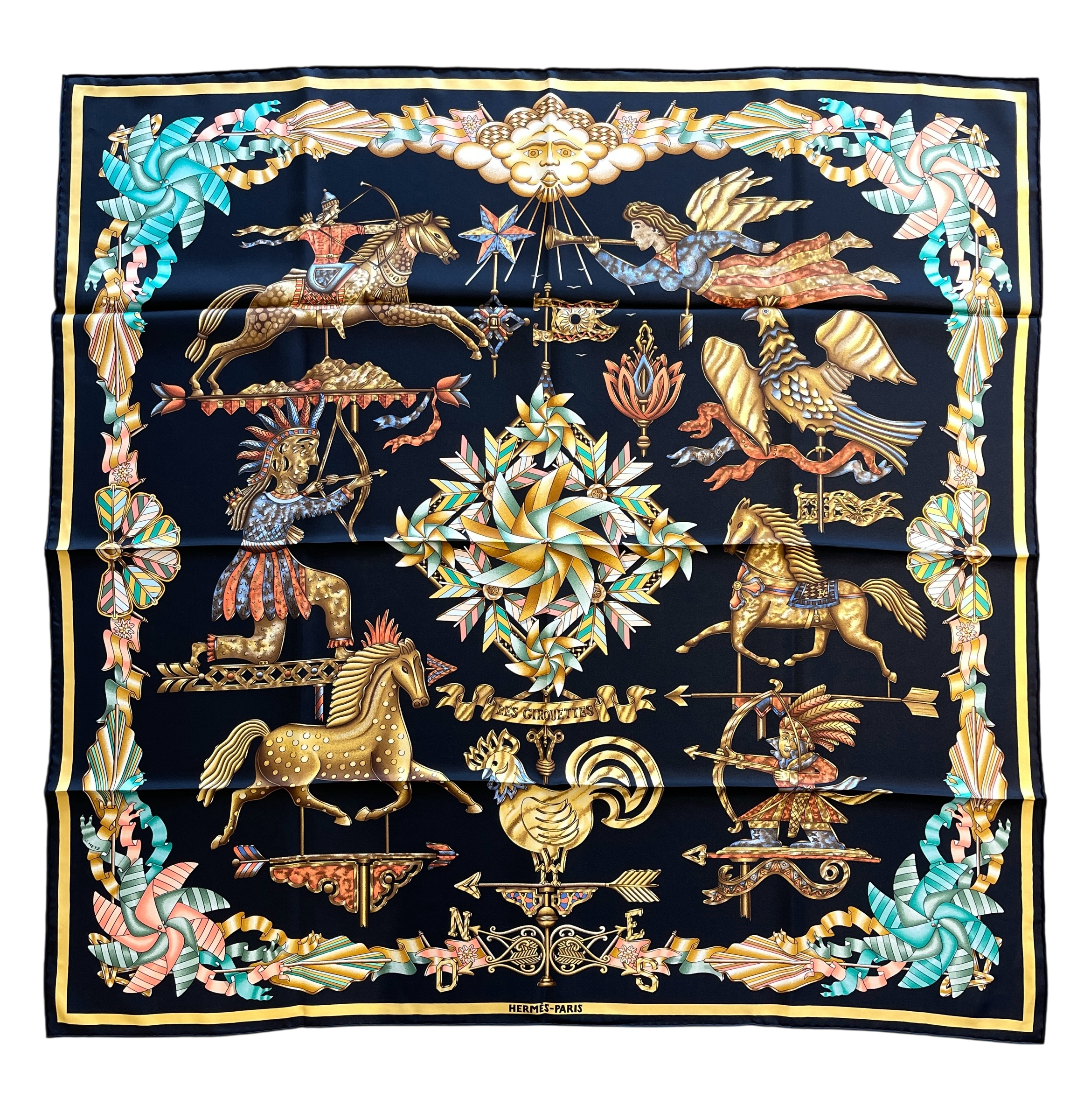 HERMES - Black Multicolor Les Girouettes Scarf 90　