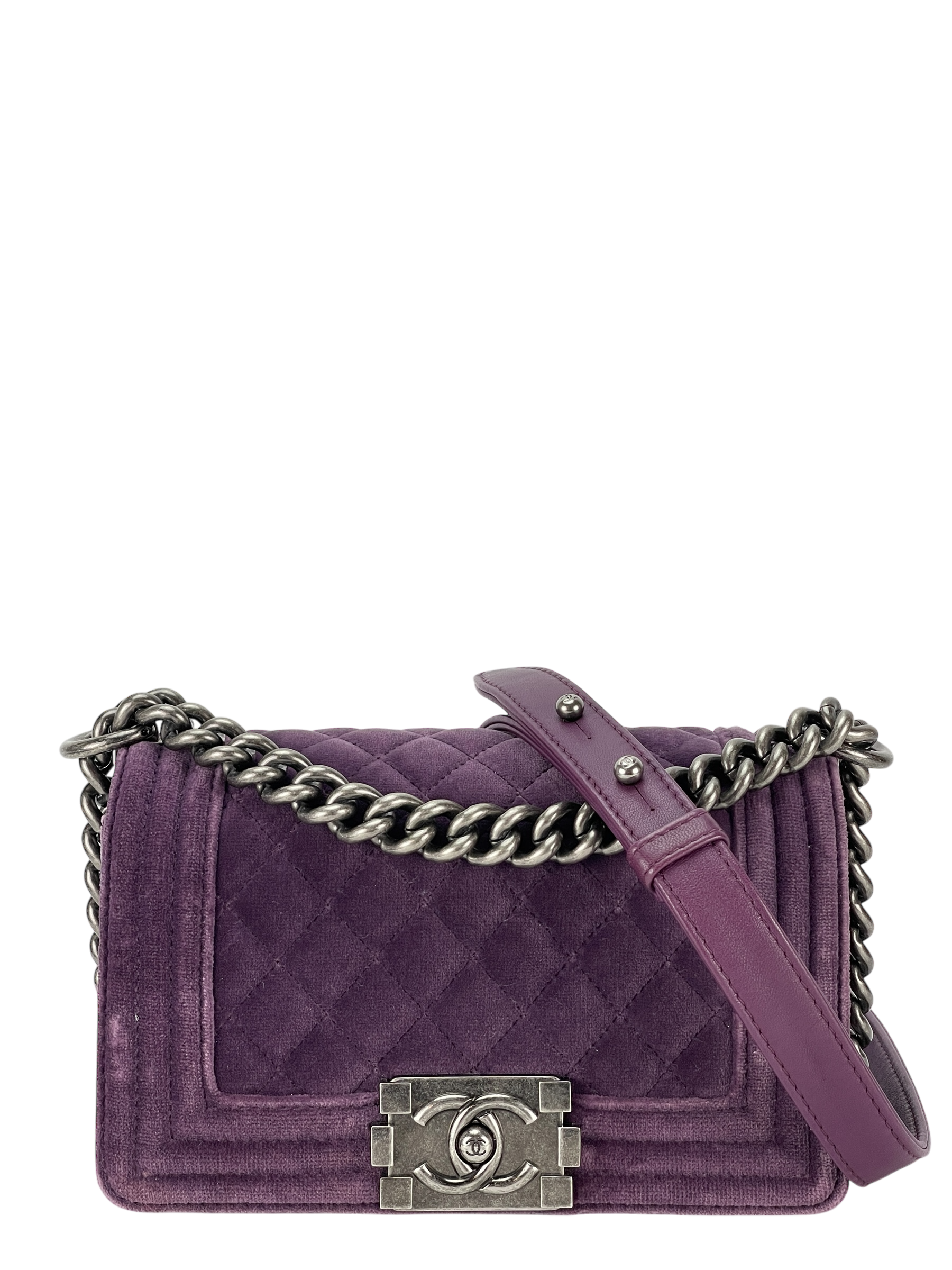 CHANEL -  Small Boy Flap Bag Purple Quilted Velvet Sliver Hardware
