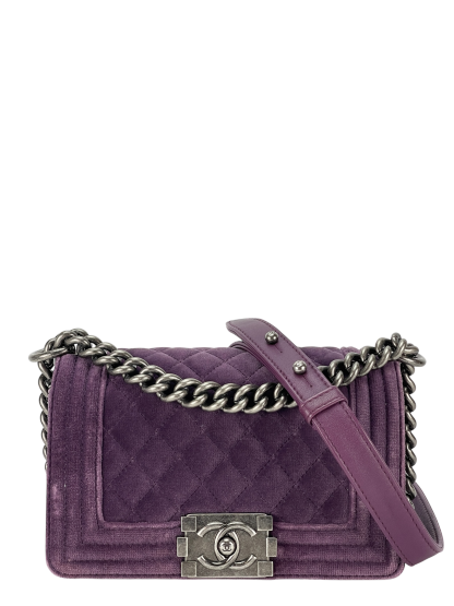 CHANEL -  Small Boy Flap Bag Purple Quilted Velvet Sliver Hardware