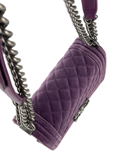 CHANEL -  Small Boy Flap Bag Purple Quilted Velvet Sliver Hardware