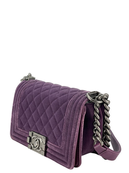 CHANEL -  Small Boy Flap Bag Purple Quilted Velvet Sliver Hardware