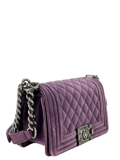 CHANEL -  Small Boy Flap Bag Purple Quilted Velvet Sliver Hardware