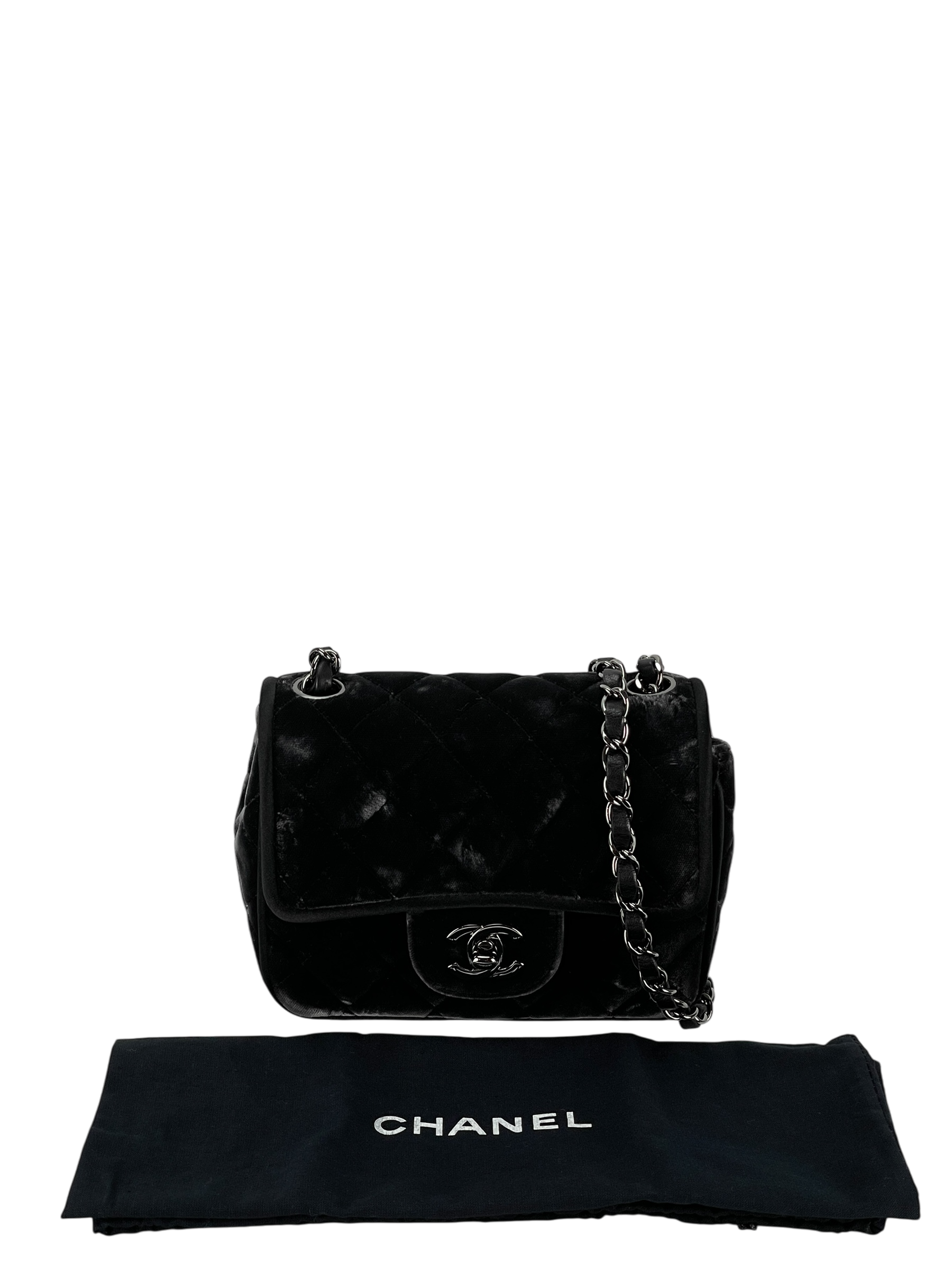 CHANEL - Dark Grey Mini Matlasse 17 Velvet Single Flap Chain Bag Sliver Hardware