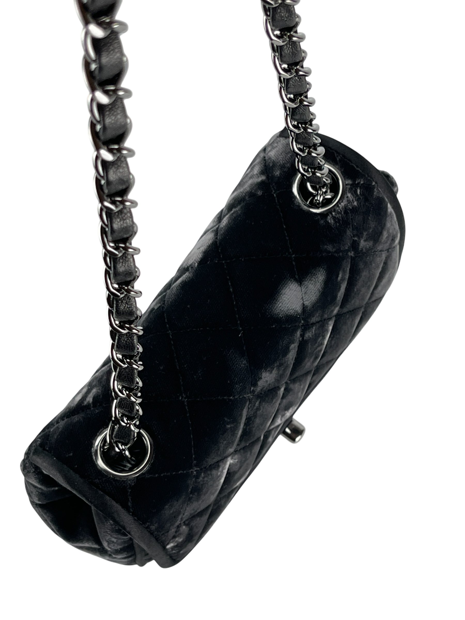 CHANEL - Dark Grey Mini Matlasse 17 Velvet Single Flap Chain Bag Sliver Hardware