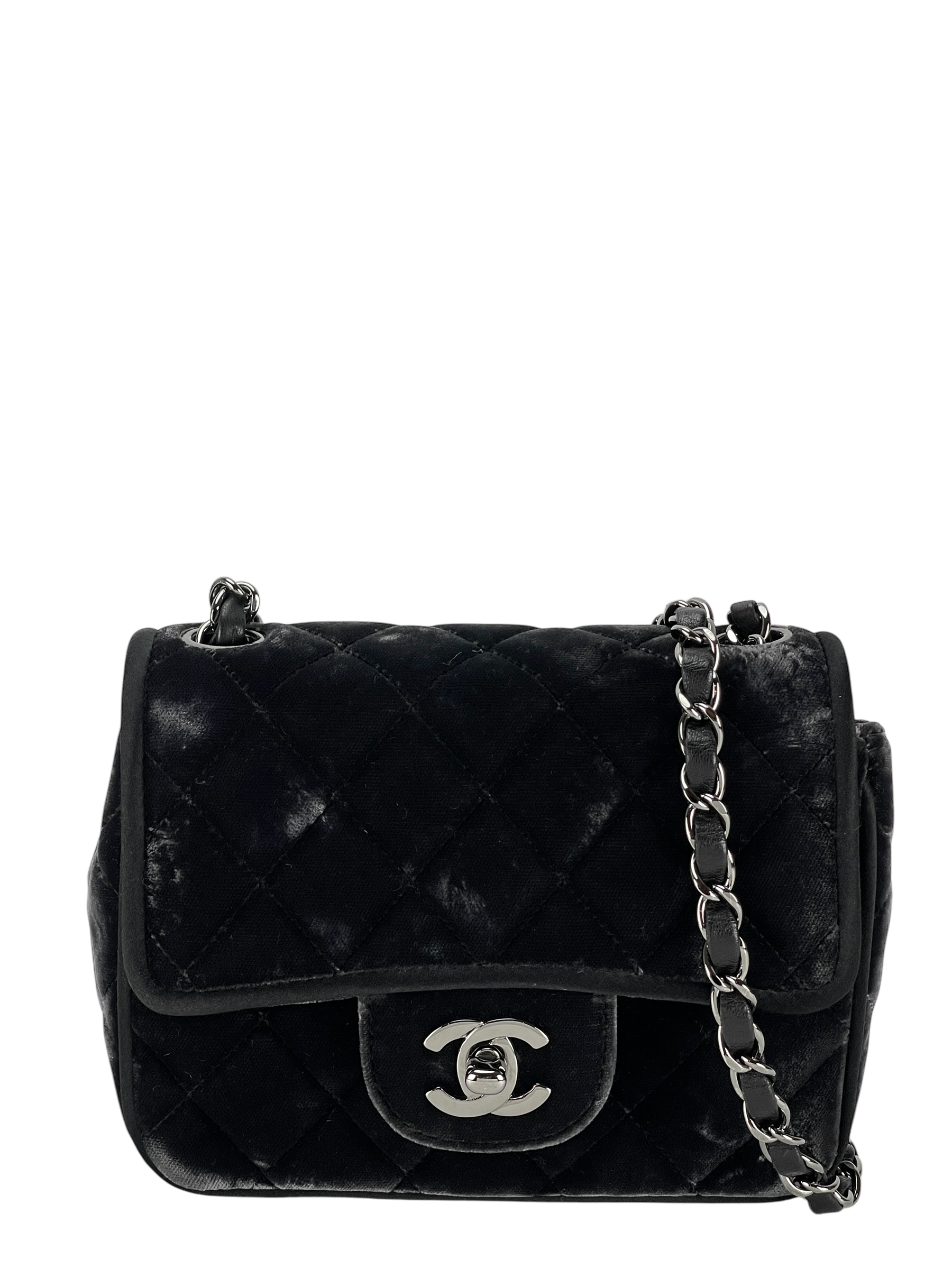 CHANEL - Dark Grey Mini Matlasse 17 Velvet Single Flap Chain Bag Sliver Hardware