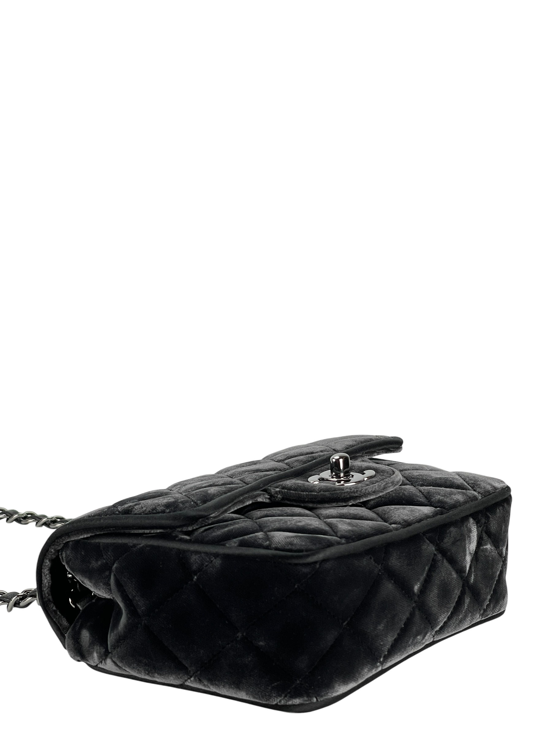 CHANEL - Dark Grey Mini Matlasse 17 Velvet Single Flap Chain Bag Sliver Hardware