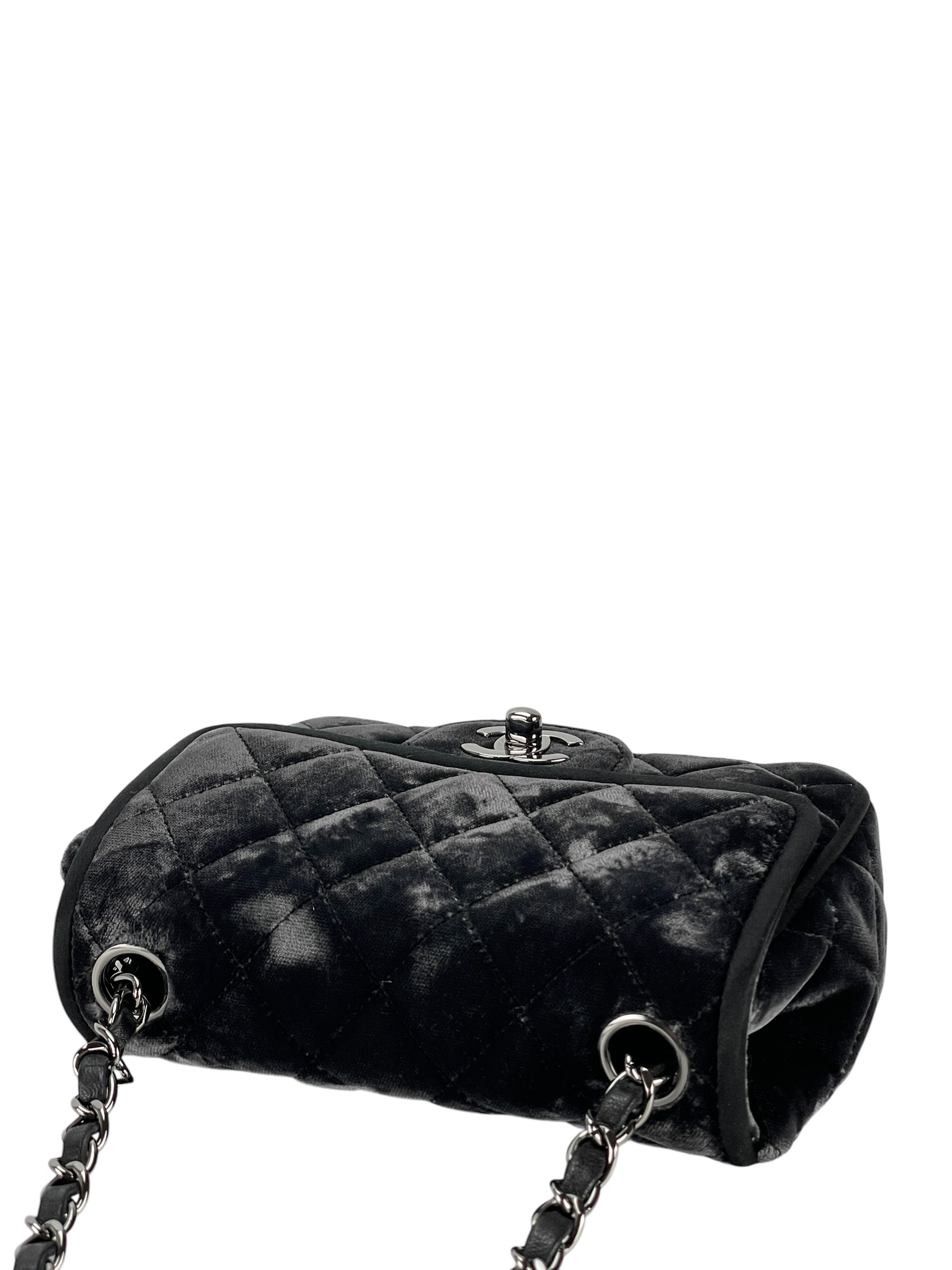 CHANEL - Dark Grey Mini Matlasse 17 Velvet Single Flap Chain Bag Sliver Hardware