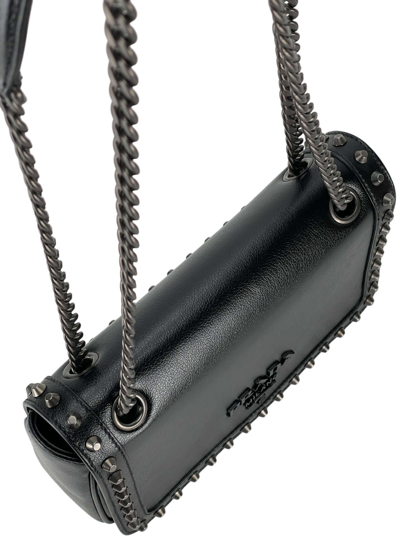 PRADA - Black Leather Studded Flap Double Chain Shoulder Bag