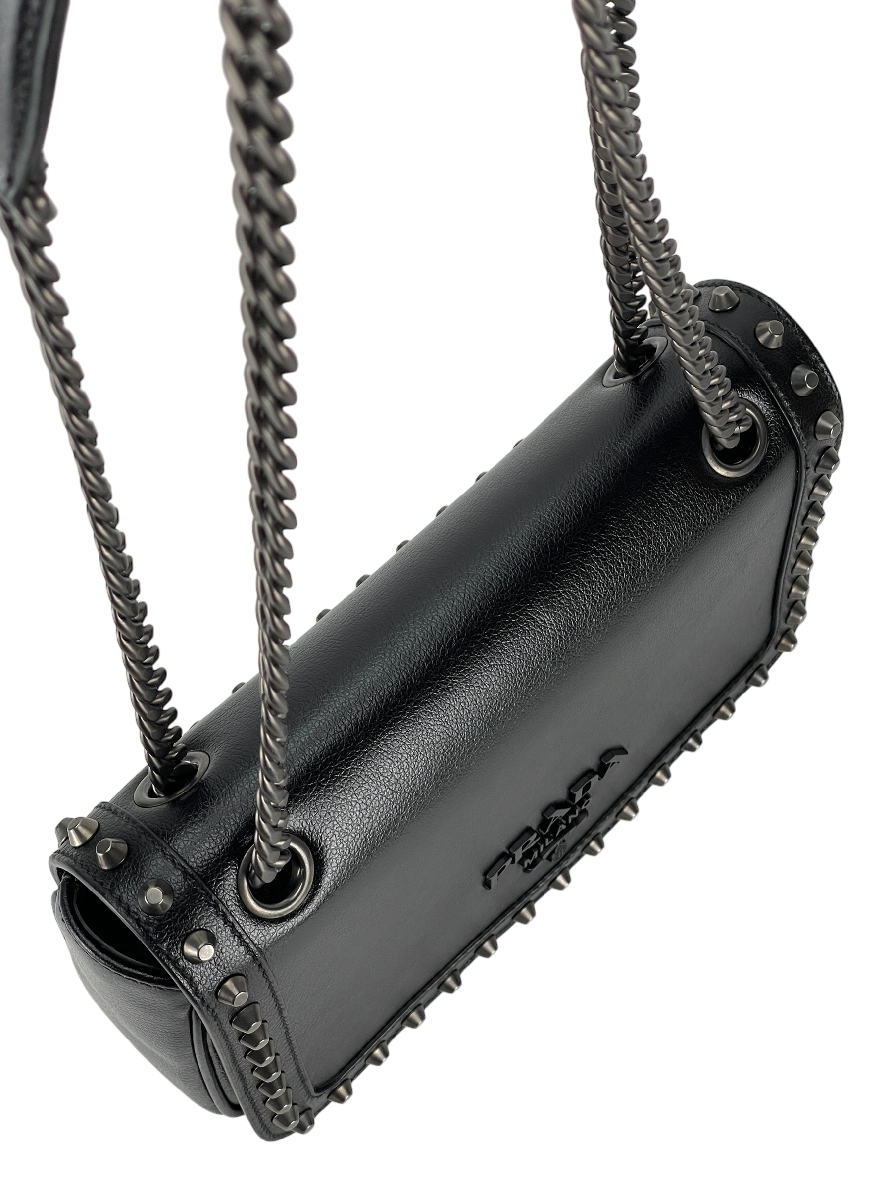PRADA - Black Leather Studded Flap Double Chain Shoulder Bag