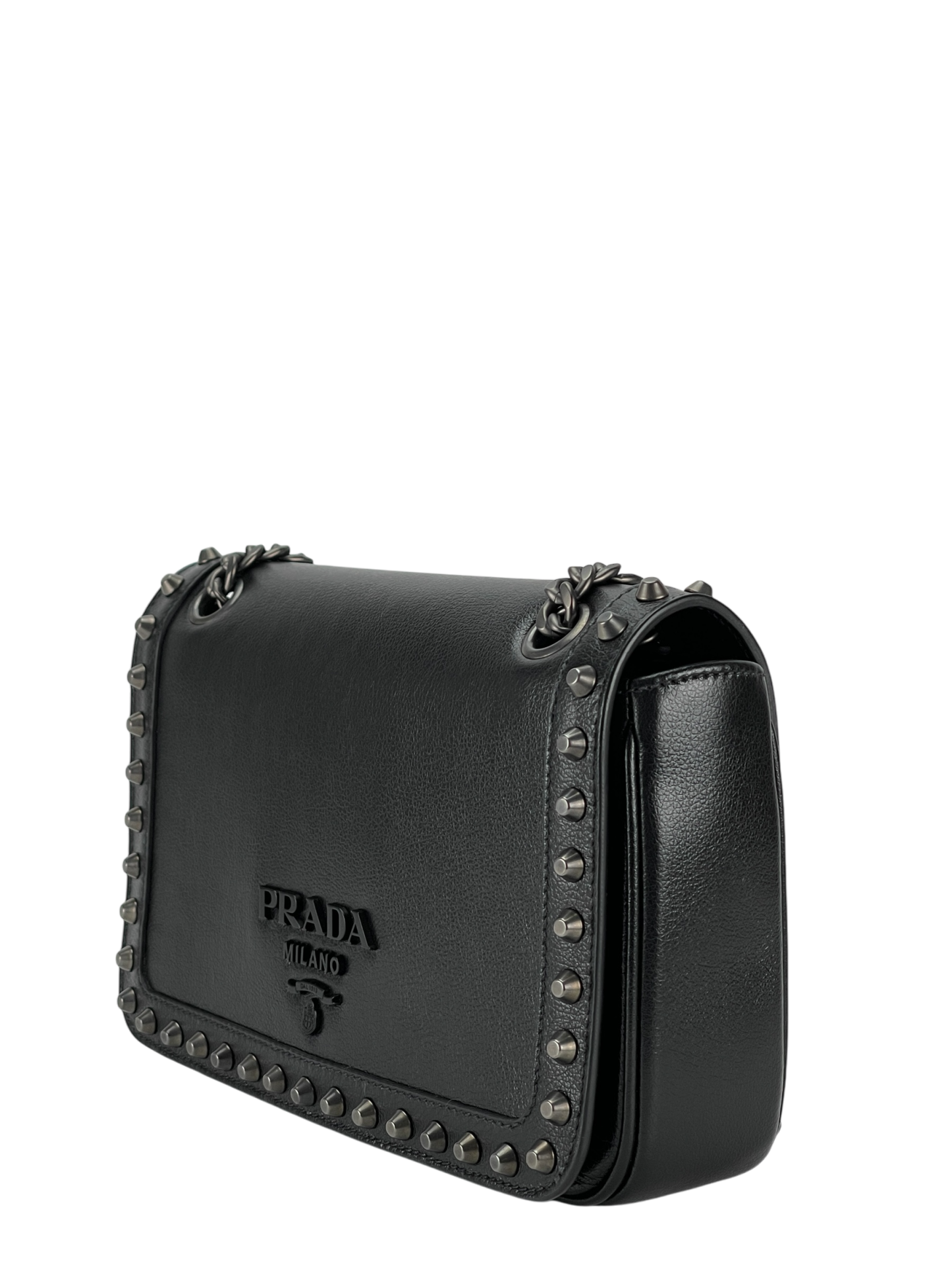 PRADA - Black Leather Studded Flap Double Chain Shoulder Bag