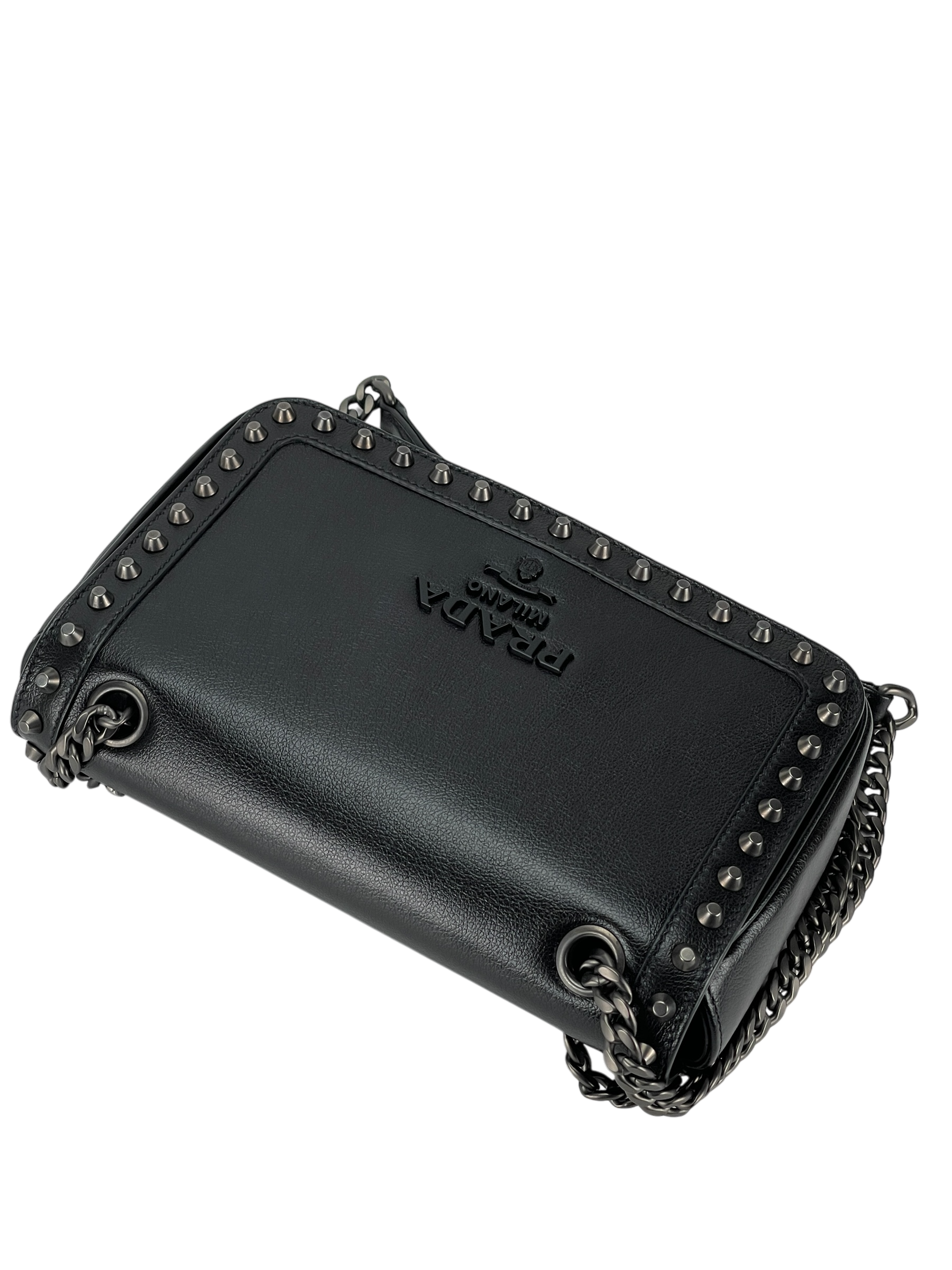 PRADA -  Black Leather Studded Flap Double Chain Shoulder Bag