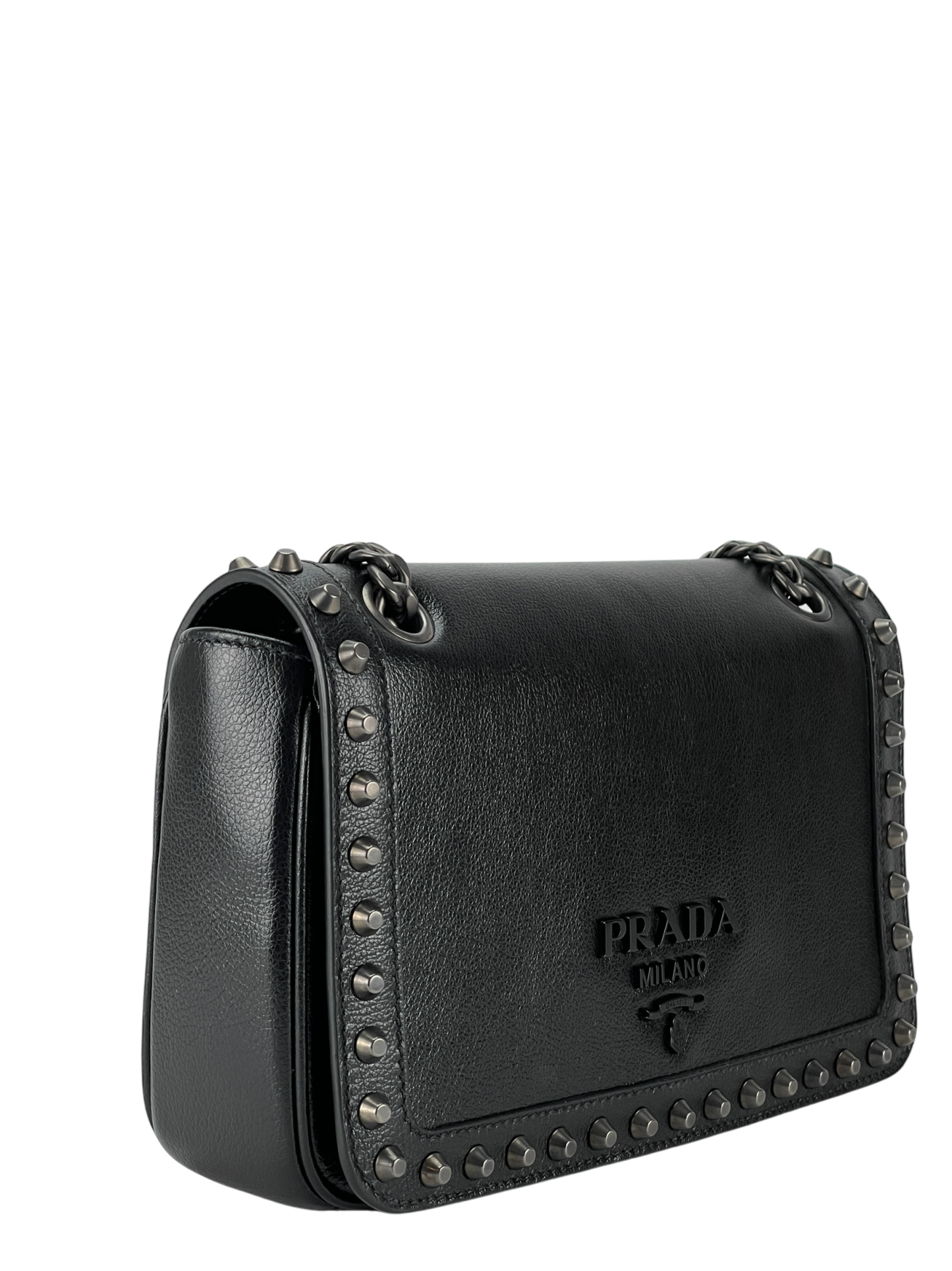 PRADA - Black Leather Studded Flap Double Chain Shoulder Bag