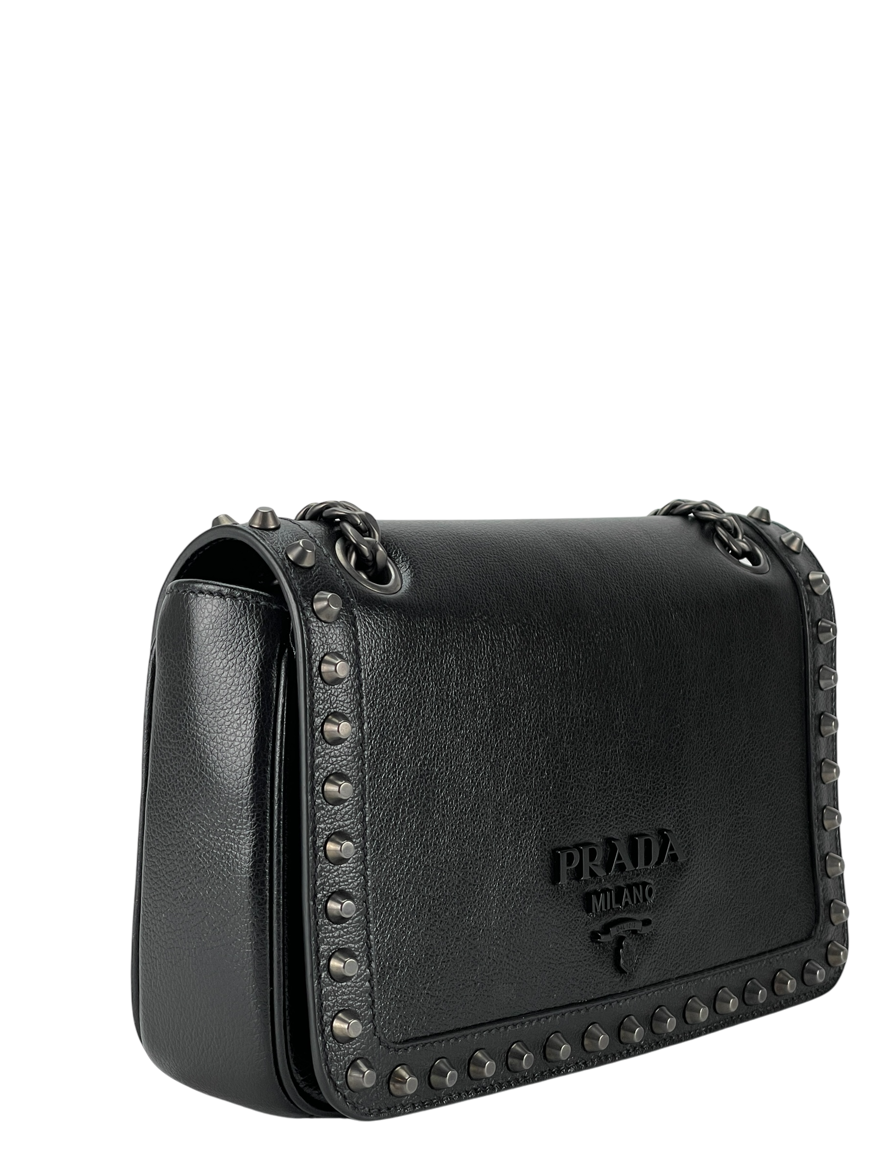 PRADA - Black Leather Studded Flap Double Chain Shoulder Bag