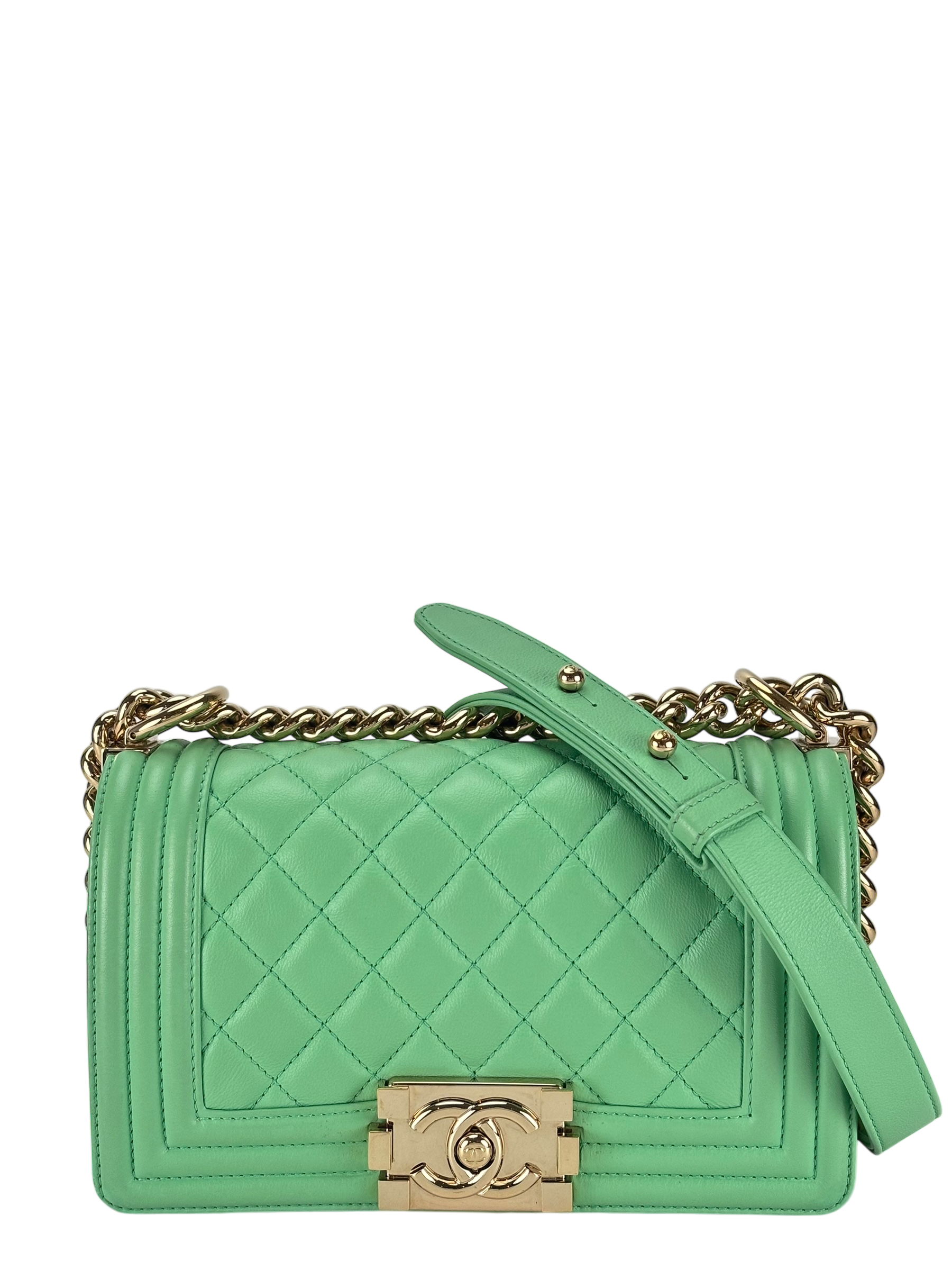 CHANEL - Boy 20 Chain Shoulder Bag Matelasse Lambskin Green Champagne Gold Hardware