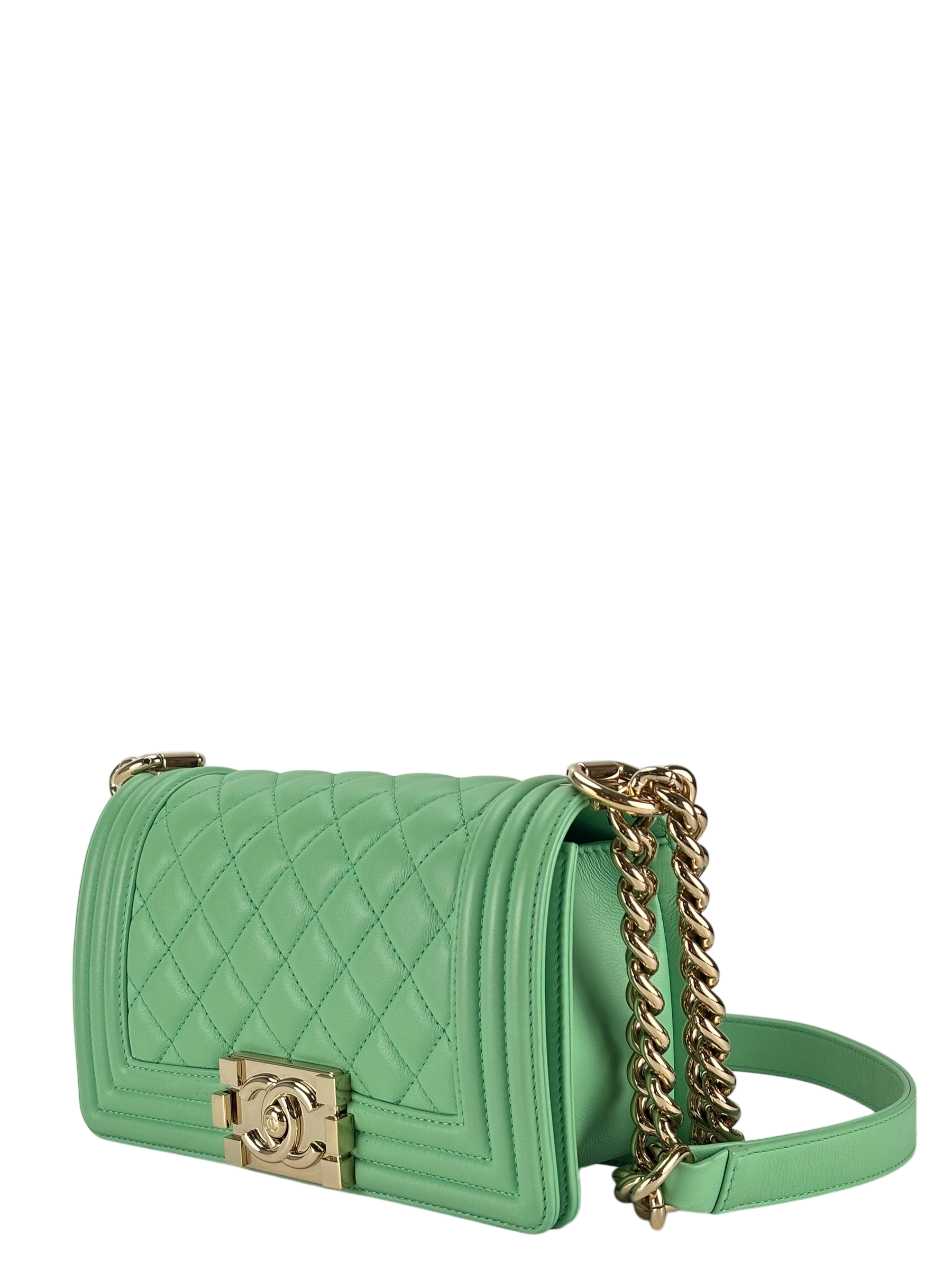 CHANEL - Boy 20 Chain Shoulder Bag Matelasse Lambskin Green Champagne Gold Hardware