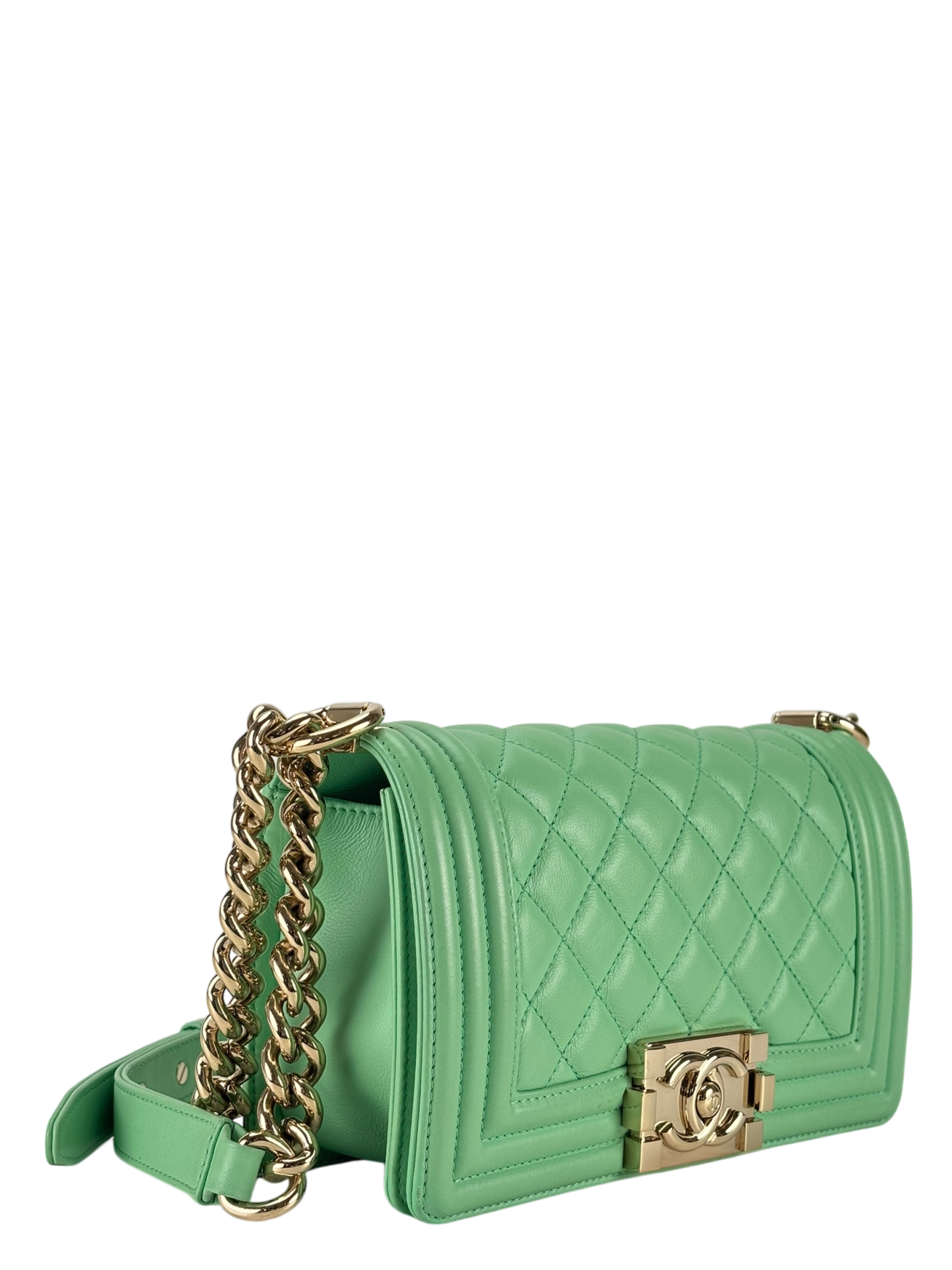CHANEL - Boy 20 Chain Shoulder Bag Matelasse Lambskin Green Champagne Gold Hardware
