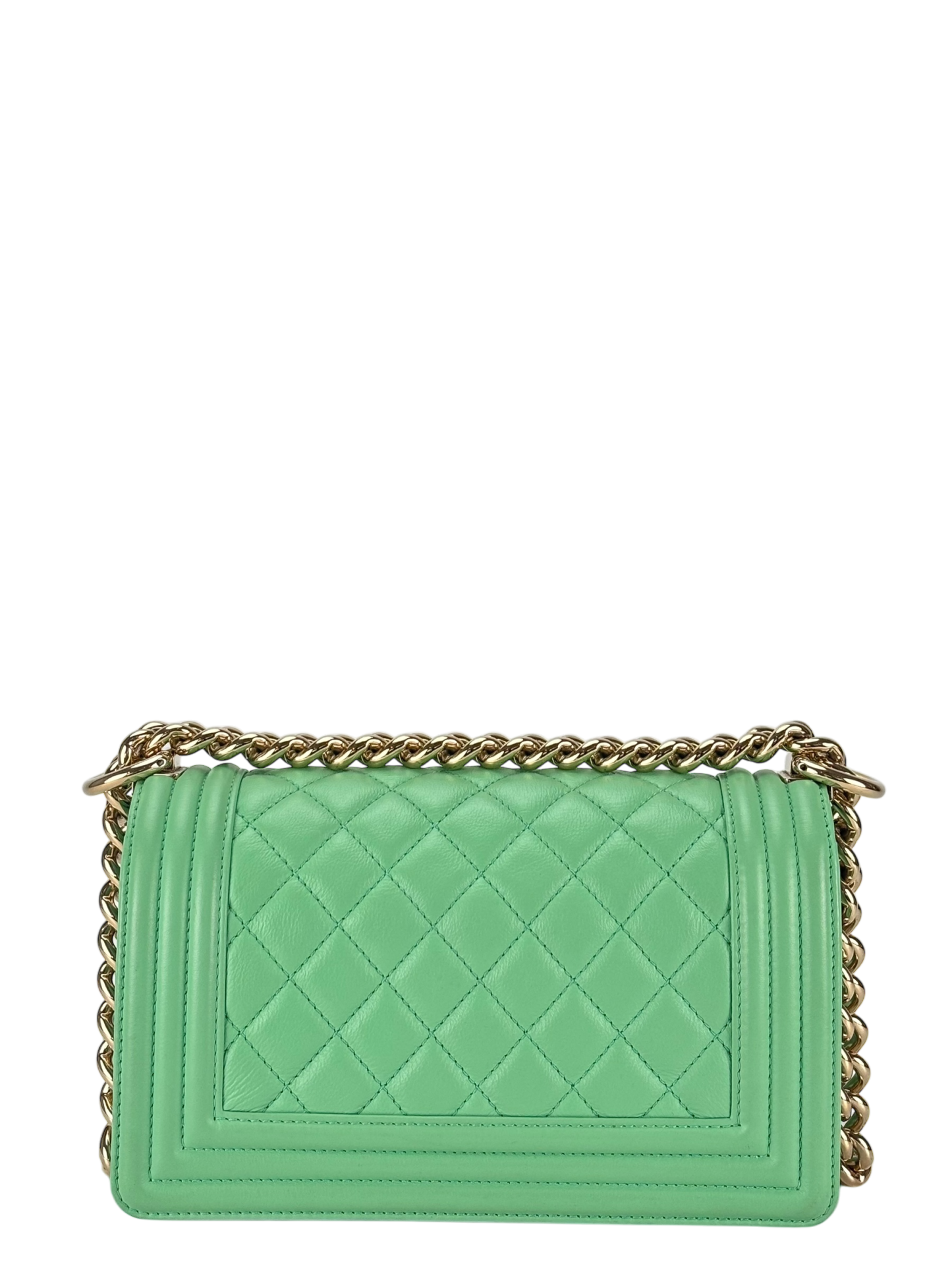 CHANEL - Boy 20 Chain Shoulder Bag Matelasse Lambskin Green Champagne Gold Hardware
