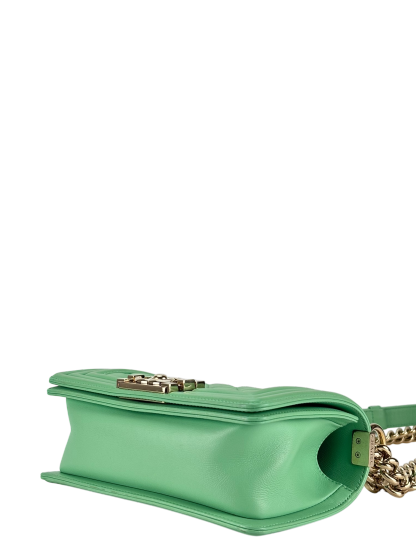 CHANEL - Boy 20 Chain Shoulder Bag Matelasse Lambskin Green Champagne Gold Hardware