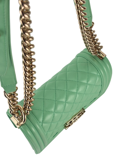 CHANEL - Boy 20 Chain Shoulder Bag Matelasse Lambskin Green Champagne Gold Hardware