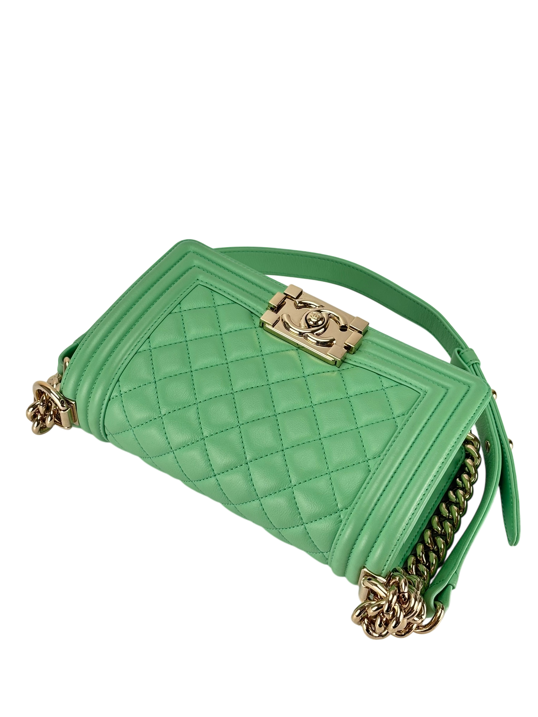 CHANEL - Boy 20 Chain Shoulder Bag Matelasse Lambskin Green Champagne Gold Hardware