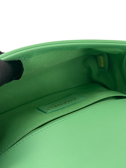 CHANEL - Boy 20 Chain Shoulder Bag Matelasse Lambskin Green Champagne Gold Hardware