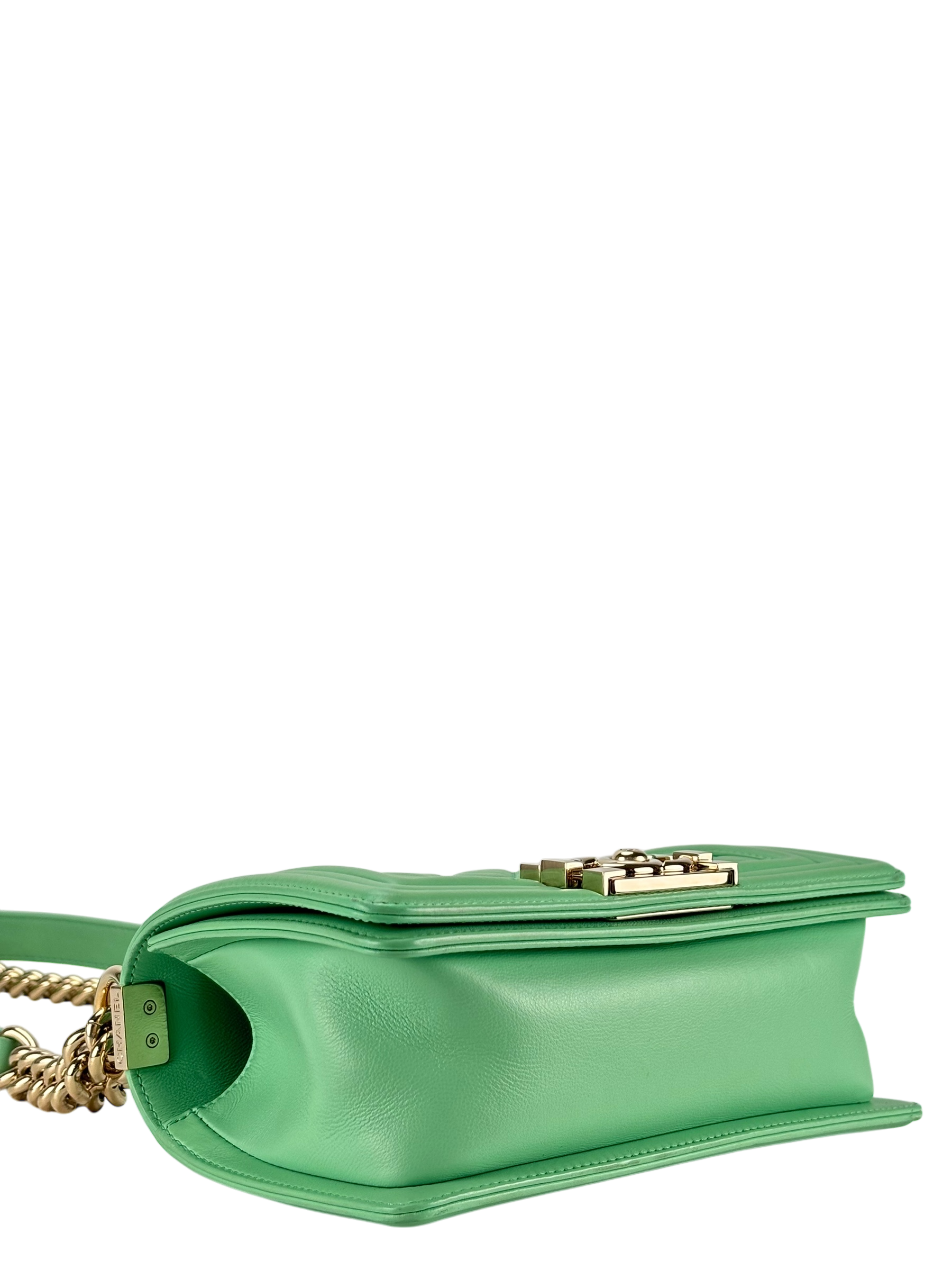 CHANEL - Boy 20 Chain Shoulder Bag Matelasse Lambskin Green Champagne Gold Hardware