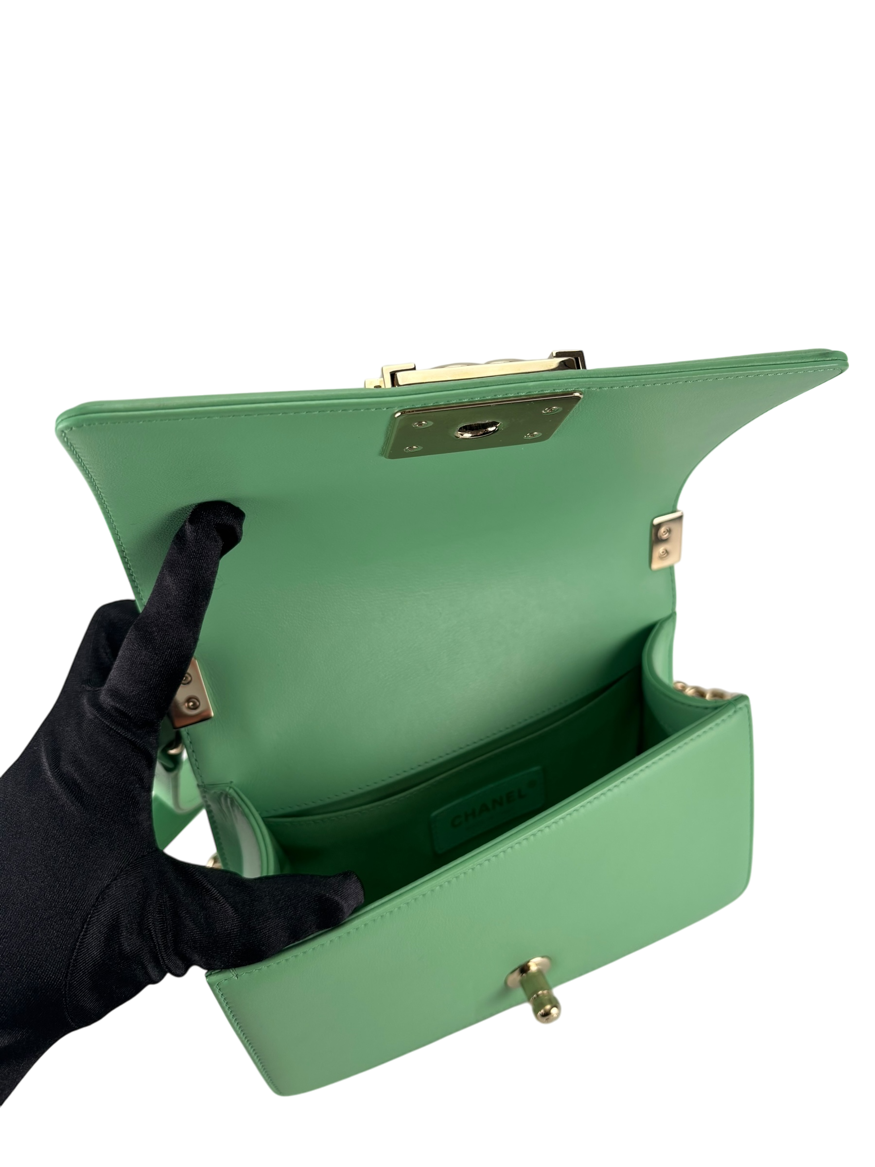 CHANEL - Boy 20 Chain Shoulder Bag Matelasse Lambskin Green Champagne Gold Hardware