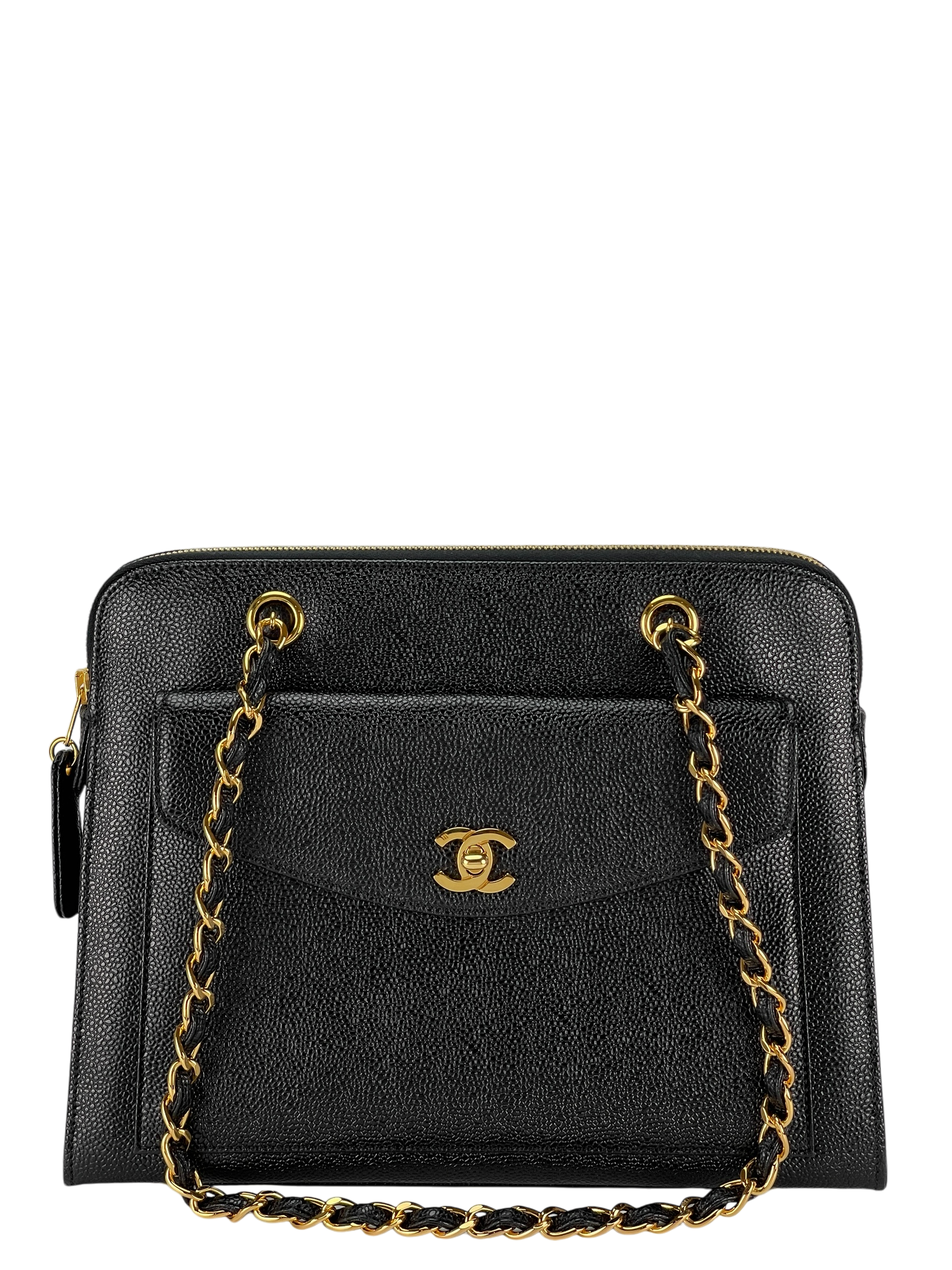 CHANEL - Coco Mark Caviar Skin Chain Shoulder Bag Black Gold Hardware