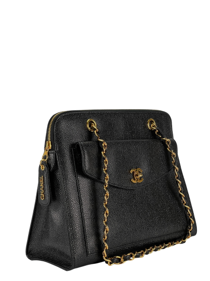 CHANEL - Coco Mark Caviar Skin Chain Shoulder Bag Black Gold Hardware