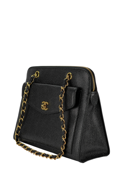 CHANEL - Coco Mark Caviar Skin Chain Shoulder Bag Black Gold Hardware