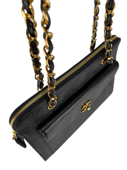 CHANEL - Coco Mark Caviar Skin Chain Shoulder Bag Black Gold Hardware